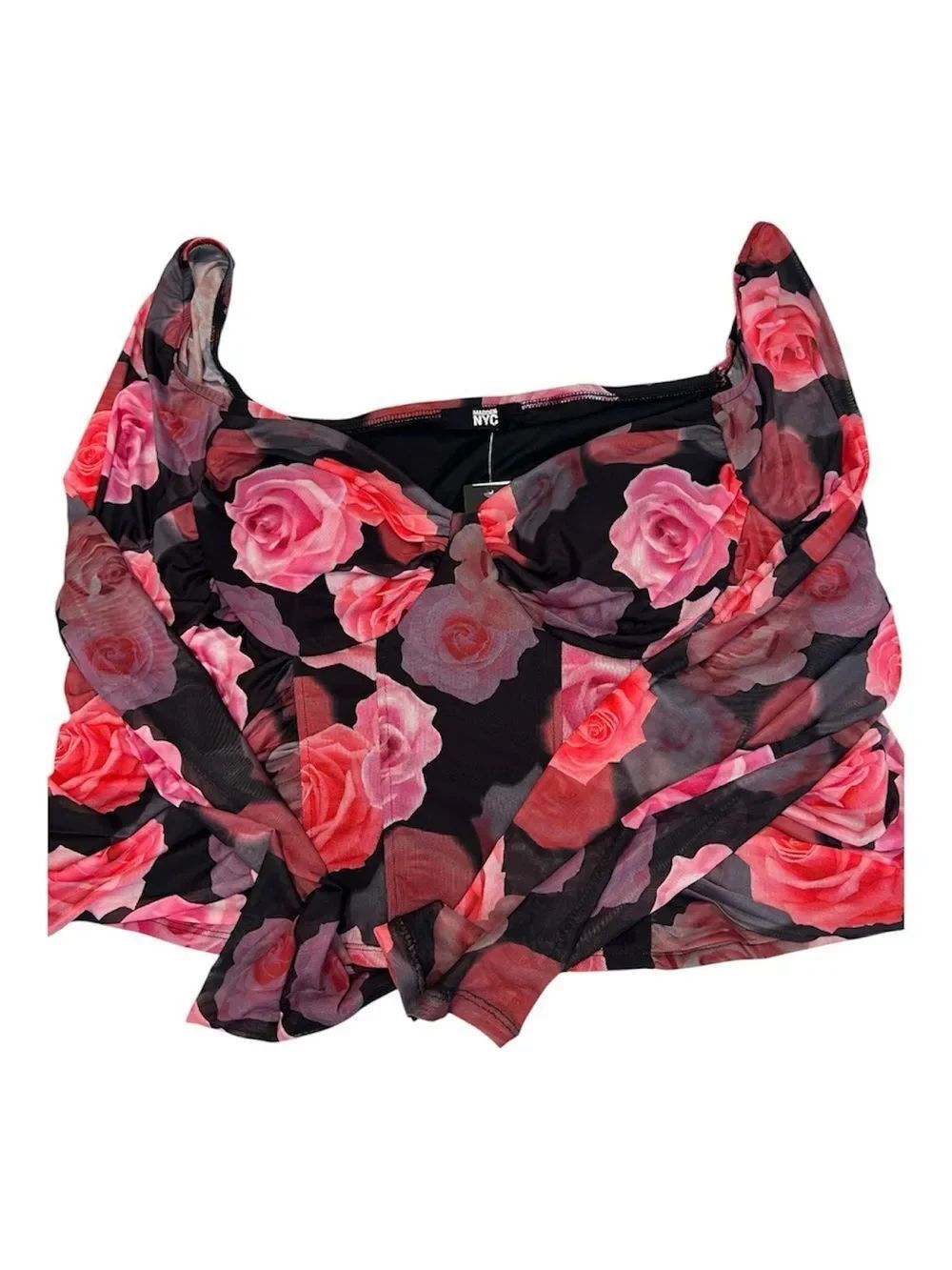 NWT Madden NYC Sz4X Sheer Rose Print Long Sleeves Crop Top - Pink & Black
